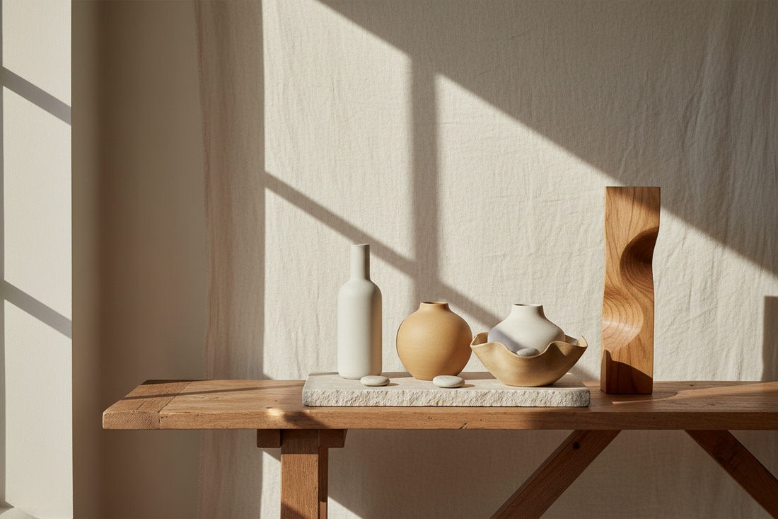 A calm neutral home decor scene with ceramic vases, a sculptural bowl, stone tray, wooden accent object, soft linen texture, and warm natural light on a styled console table. No text.