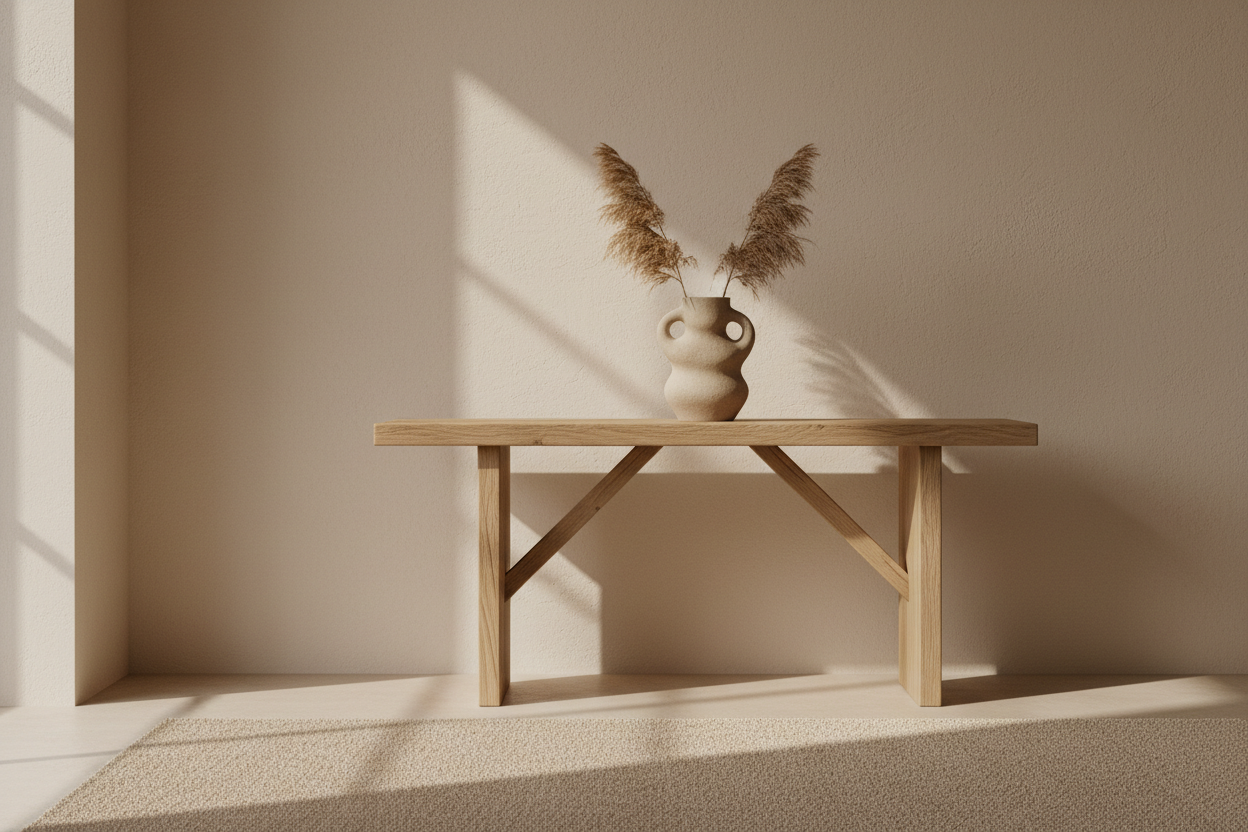 A calm neutral interior scene with one sculptural ceramic vase placed on a wooden console table, soft natural light, warm beige tones, subtle shadows, and a minimal organic home decor mood. No text.