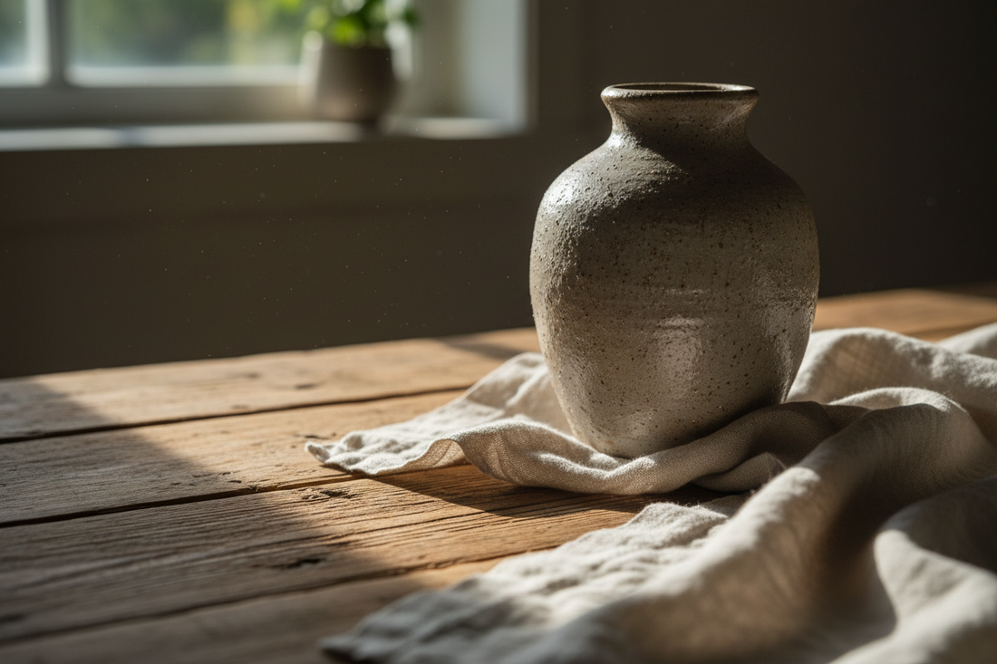 A close-up interior scene featuring a ceramic vase, wooden surface, and soft fabric under natural light, highlighting texture and depth.