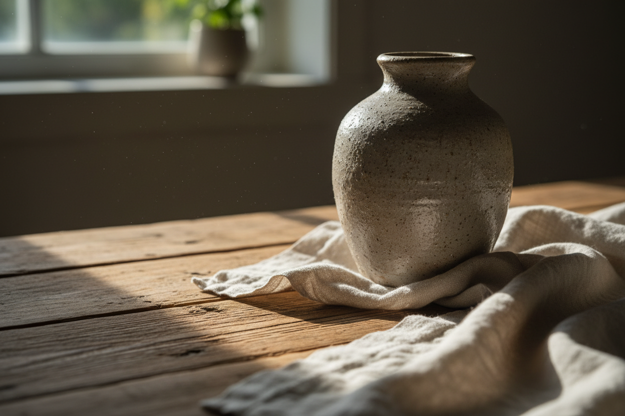 A close-up interior scene featuring a ceramic vase, wooden surface, and soft fabric under natural light, highlighting texture and depth.