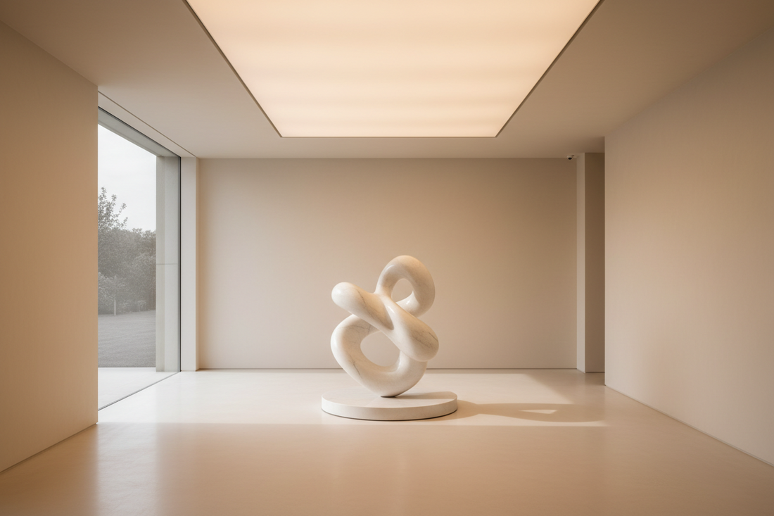 A minimal interior with a single sculptural object acting as the focal point, surrounded by soft light and clean space.