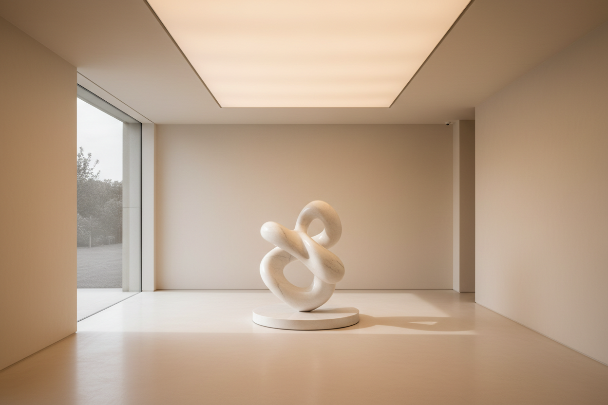 A minimal interior with a single sculptural object acting as the focal point, surrounded by soft light and clean space.