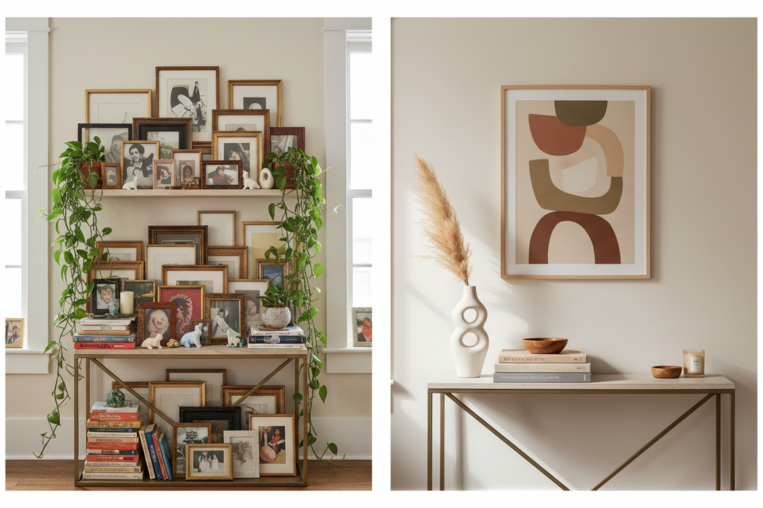 A side-by-side scene showing cluttered decor on one side and a clean, balanced arrangement on the other, highlighting the difference between random and intentional styling.