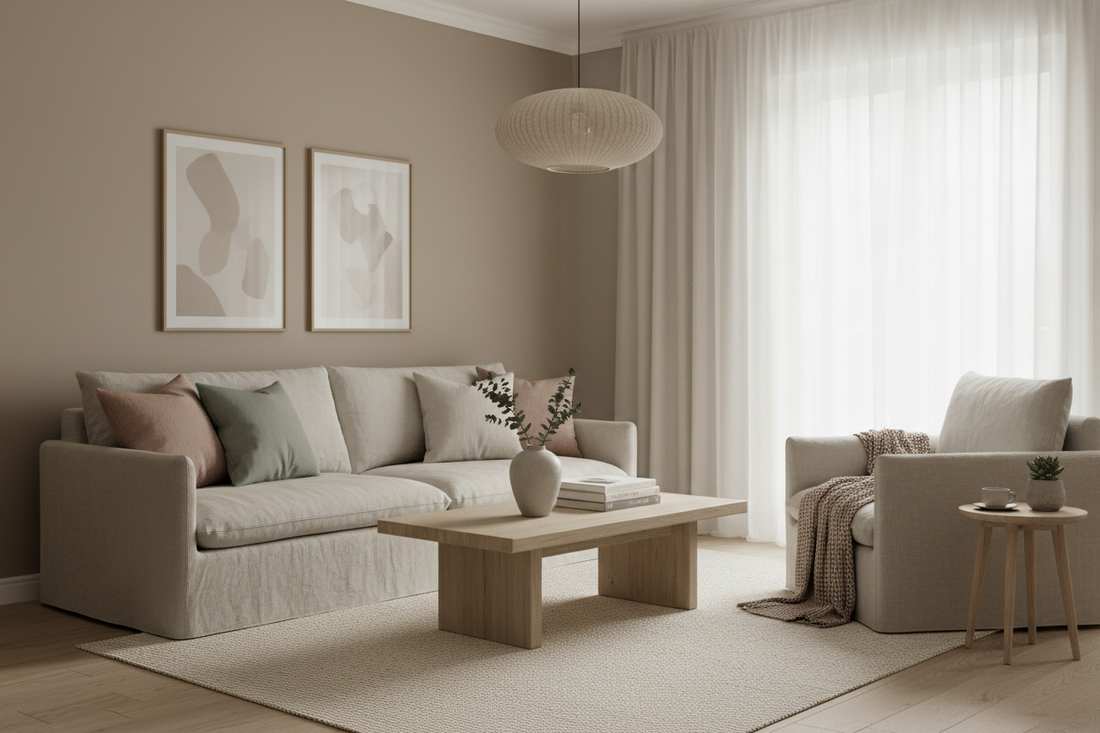 A soft neutral interior with layered tones and subtle accent colors, creating a calm and balanced atmosphere.