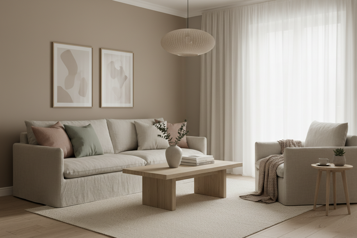A soft neutral interior with layered tones and subtle accent colors, creating a calm and balanced atmosphere.