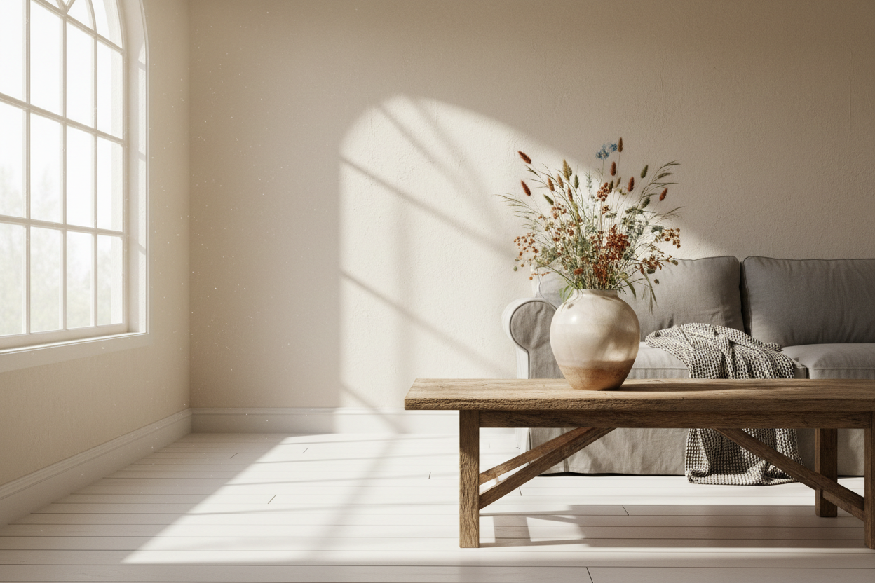 A softly lit interior scene where natural light highlights a vase and creates gentle shadows, adding depth and atmosphere.