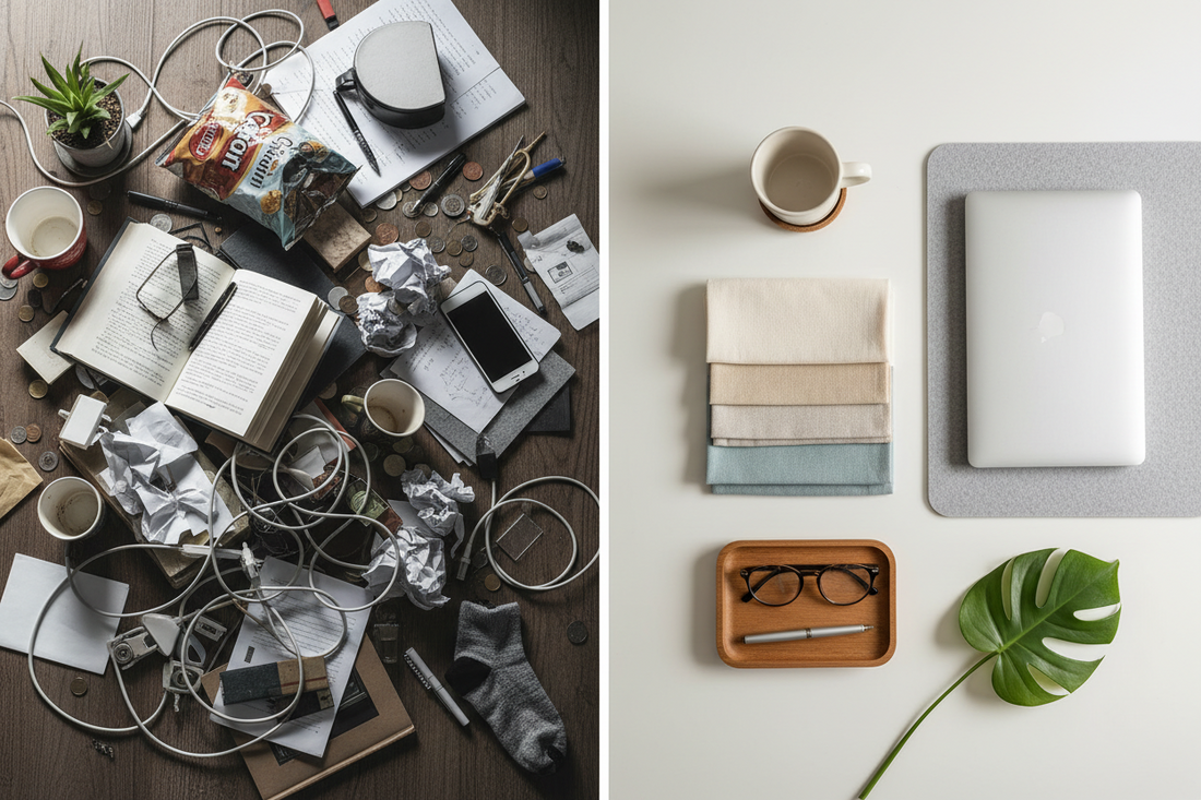 A split scene showing a cluttered surface filled with random objects on one side and a clean, layered arrangement on the other