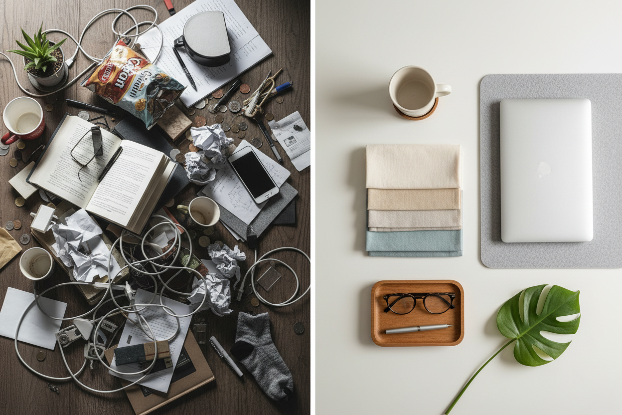 A split scene showing a cluttered surface filled with random objects on one side and a clean, layered arrangement on the other