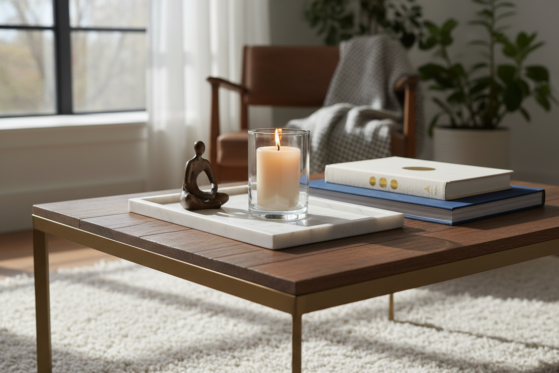A styled coffee table with a marble tray holding a candle, a book, and a small decorative object, balanced composition, warm natural lighting