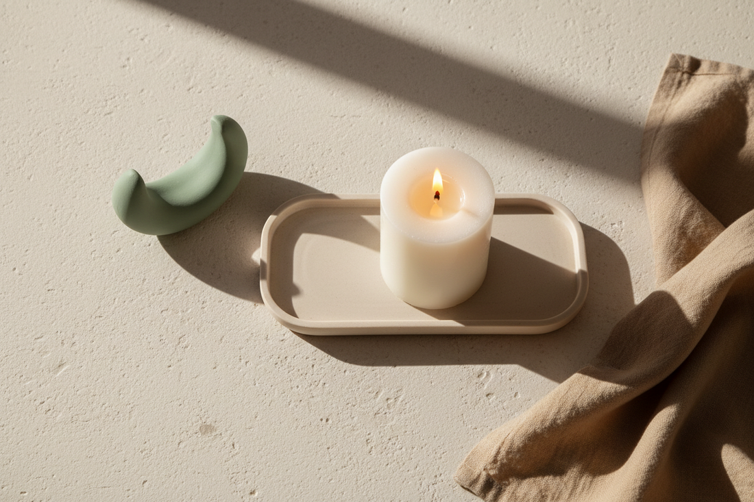 A styled surface with a tray, candle, and small decorative object arranged with intention