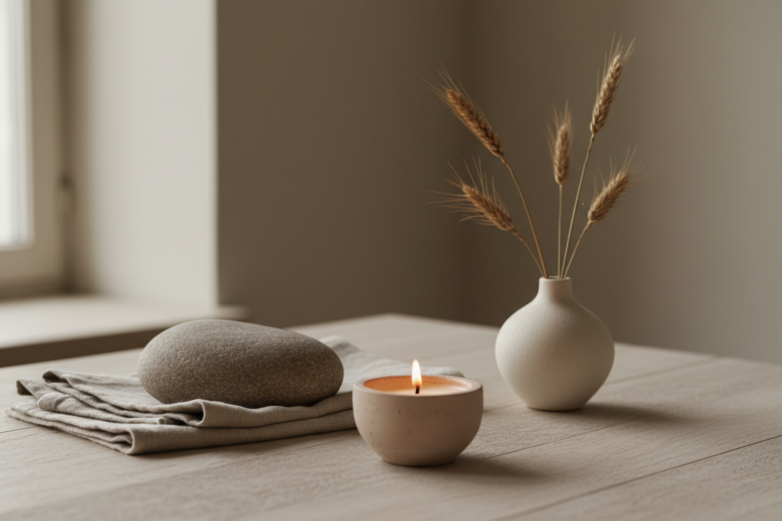 A styled table with a layered arrangement of decor objects, showing depth and balance without feeling crowded or heavy.