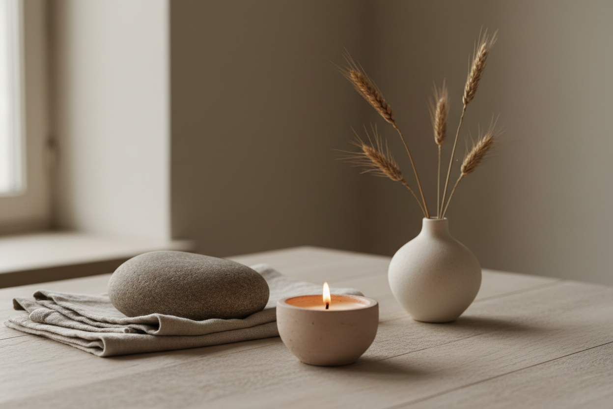 A styled table with a layered arrangement of decor objects, showing depth and balance without feeling crowded or heavy.