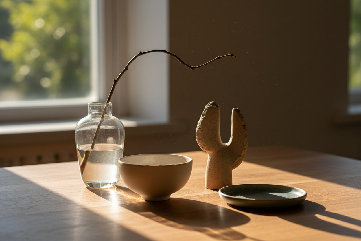 Natural sunlight casting soft shadows across a table with a glass vase and ceramic objects, creating depth and warmth