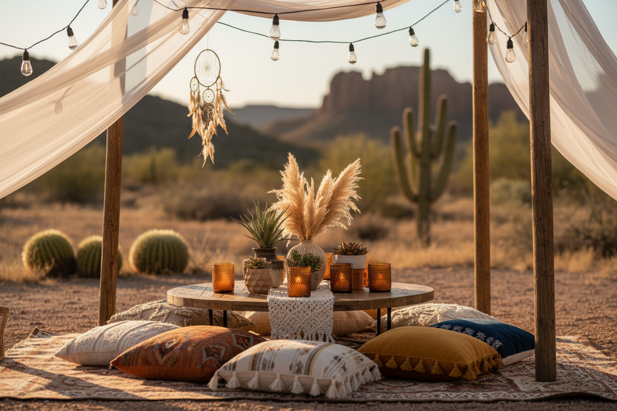 Warm natural light softly illuminating a boho-style setup with gentle shadows and warm tones
