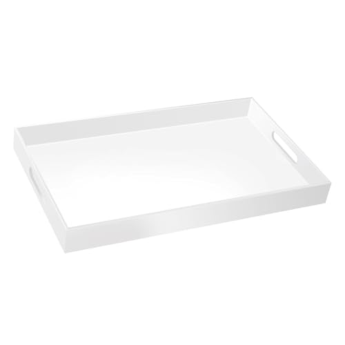 18×16 Inch Glossy White Acrylic Serving Tray with Handles Extra Large Ottoman Tray Decorative Tray Spill-Proof Coffee Table Space Saver Oversize Counter top Organizer Platter with Safe Edge - color: Glossy White, size: 18" x 16" x 2"