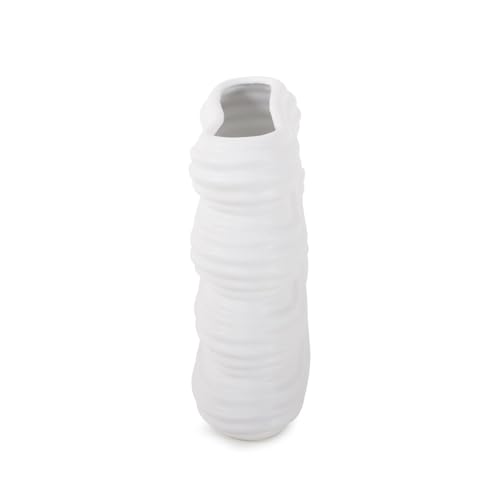 Howard Elliott Collection Hirst White Ceramic Vase with Ripple Texture, Modern Abstract Decorative Flower Vase for Weddings, Floral Arrangements and Home Decor, Small Size, 8 x 8 x 6.5 Inch - size: 6.5"L x 8"W
