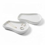 White Ceramic Trinket & Jewelry Tray Dish Set - 2 Pieces Minimalist Organizer for Earrings, Rings, Necklaces - Elegant Irregular Home Decor Accent