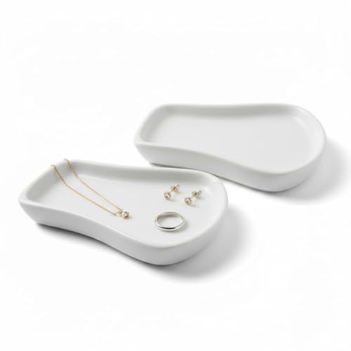 White Ceramic Trinket & Jewelry Tray Dish Set - 2 Pieces Minimalist Organizer for Earrings, Rings, Necklaces - Elegant Irregular Home Decor Accent