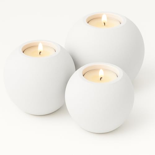Concrete Sphere Tea Light Holder - Minimalist Centerpiece - Candle Holder - Modern Interior Design (Ashy White, Set of 3 Sizes) - color: Ashy White, size: Set of 3 Sizes