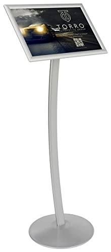 Displays2go Silver Finish Aluminum Sign Frame, 14 x 46-3/4 x 14-Inch, Free-Standing, Snap-Open Frame, With Curved Pole - color: Silver, size: 11" x 17", style: Landscape