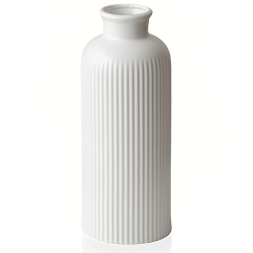 White Ribbed Ceramic Vase for Flowers, Modern Textured Decorative Vase, 10 Inch Tall, Farmhouse Style Home Decor (Matte Glaze White) - color: Matte Glaze White