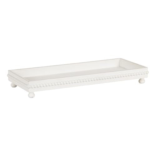 Kate and Laurel Strahm Rectangle Wooden Beaded Display Tray, 10 x 24, White, Lightly Distressed Wood Decorative Footed Tray for Use as Useful Ottoman Tray or Kitchen Serving Tray