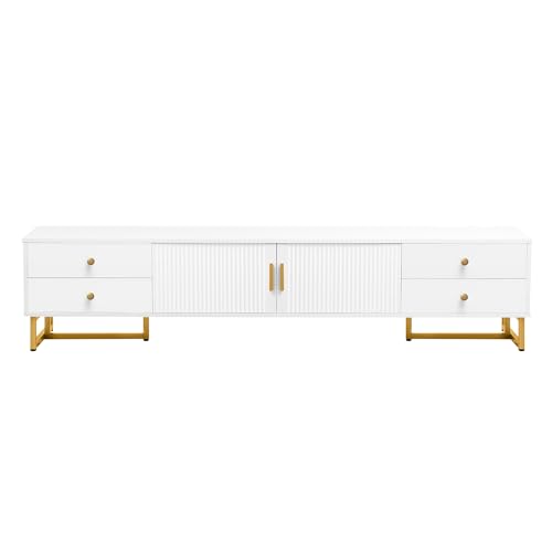 Modern TV Stand with Drawers for TVs up to 75'', Media Console Storage Cabinet Entertainment Center Furniture for Living Room Bedroom, Gold Metal Legs, 70.9-Inch, White - color: White