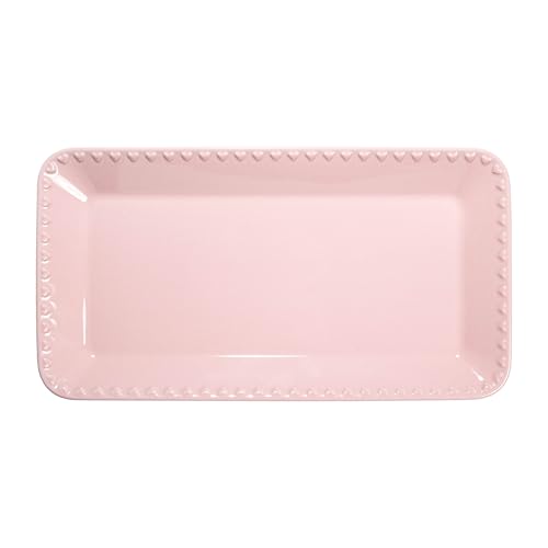 Paris Hilton Rectangle Ceramic Stoneware Serving Platter Tray, Embossed Hearts, Microwave Safe, 15x8-Inch, Pink