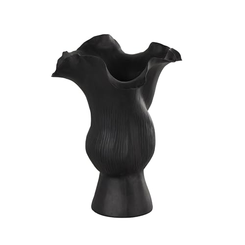 Deco 79 Ceramic Abstract Floral Inspired Vase with Wavy Folded Rim and Linear Grooves, 8" x 7" x 11", Black - color: Black, size: 8" x 7" x 11"