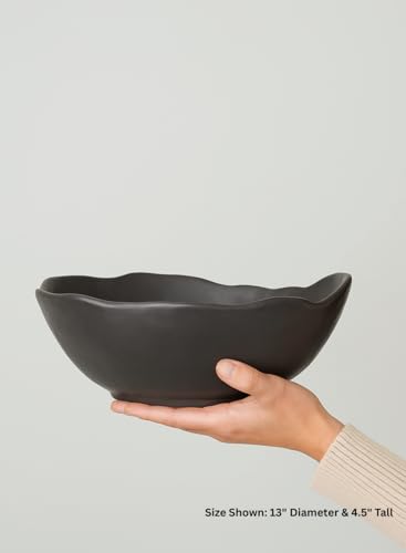 Serene Spaces Living Organic Wavy Rim Ceramic Bowl, Handcrafted Centerpiece for Table, Shelf or Kitchen, Home Décor Bowl, Minimalist Gift for Housewarming or Wedding, 13" Diameter & 4.5" Tall - color: Black - XXL - Pack of 1