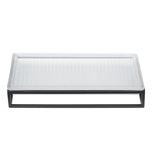 Ribbed Glass and Metal Tray – Frosted White with Black Accents, Modern Minimalist Storage