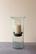 Glass Hurricane Pillar Candle Holder with Rustic Metal Insert, Perfect as a Centerpiece (Large) - size: 19" Tall Clear