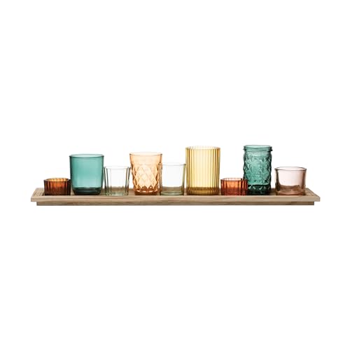 Creative Co-Op Round Glass Votive Holders on Wood Tray, Yellows & Greens, Set of 9 - color: Yellow/Green