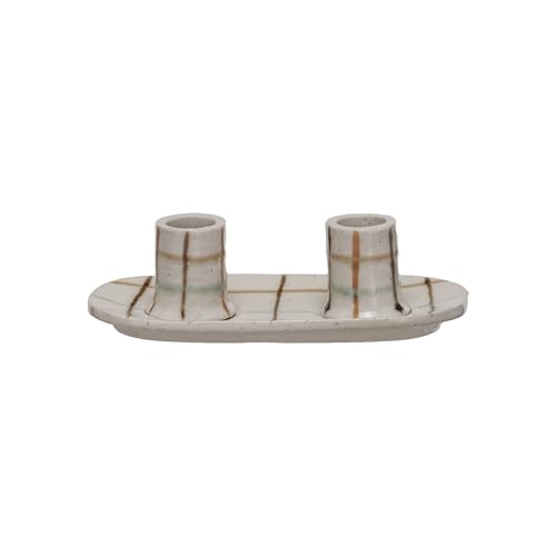 Creative Co-Op Checkered Charm Stoneware Taper Holders, Multicolor - style: Taper Holder