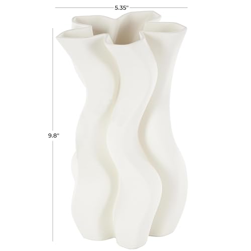 Deco 79 Ceramic Abstract Decorative Vase Ribbed Dimensional Wavy Centerpiece Vase with Floral Shaped Rim, Flower Vase for Home Decoration 5" x 6" x 10", White - color: White, size: 5" x 6" x 10"