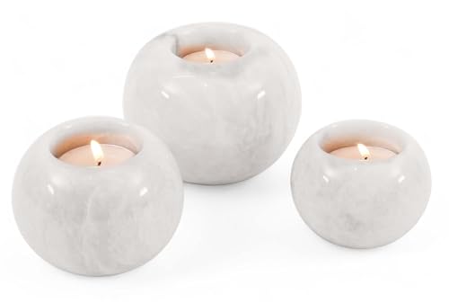 Radicaln Marble Tealight Candle Holder 4" Inches White Handmade Candle Accent for Home Decor, Ideal Set of 3 Small Marble Taper Holder for Table Centerpieces, Votive Candle Holder - color: White