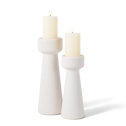 Candle Holders Ceramic White Taper S&L Set of 2 Matte Stylish Decorative Candlestick Holders for Home Decor Dinning Wedding Party Aromatherapy Votive (CH7585W)