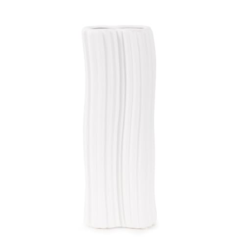 Howard Elliott Collection White Hirst Ceramic Vase for Flowers with Ripple Texture, Abstract Design Decorative Flower Vase for Weddings and Floral Arrangements, Medium, 4 x 4 x 11 Inch - size: 11"L x 4"W