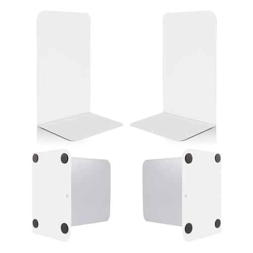 VONDERSO Metal Bookends White, 2 Pairs Metal Bookends Heavy Duty for Shelves Decor Home Office, Unique White Book Ends Supports Anti-Slip for Kids Girls - color: White -1