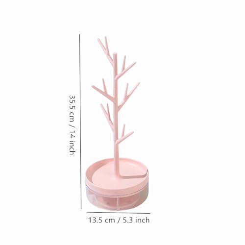 Branch Jewelry Display Stand with Rotatable Base and Storage Box, Small Earring Necklace Tree Tower Rack Holder, Hair Tie Holder Hanging Organizer for Ring Bangles Bracelet Watch (Pink)