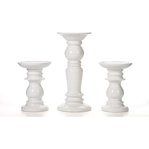 Hosley Set of 3 Ceramic White Pillar Candle Holders Two 6 inch and One 9.5 inch High Ideal for LED and Pillar Candles Gifts for Wedding Party Home Spa Aromatherapy Votive Candle Gardens - color: 1-white
