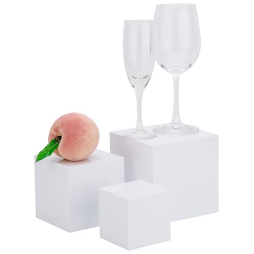 Clisela 3pcs Acrylic Cube Display Stands Box Risers with Hollow Bottoms, Food Risers for Buffet Table, Decorative Display Stand Shelf for Dessert Collectibles Jewelry Figures Show - White 3" 4" 5" - size: (3,4,5)"- White