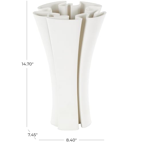 Deco 79 Ceramic Abstract Decorative Vase Ribbed Dimensional Folded Centerpiece Vase with Curvy Rim, Flower Vase for Home Decoration 8" x 7" x 15", White - color: White, size: 8" x 7" x 15