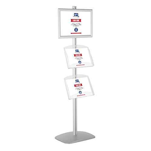 M&T Displays Free Standing Aluminum Display Stand Single Sided Document Brochure Sign Holder Front Loading Portrait Landscape Silver Snap Frame 1x(11x17) and 2 pcs Clear Acrylic Shelf 2x(8.5x11) Inch - color: Silver
