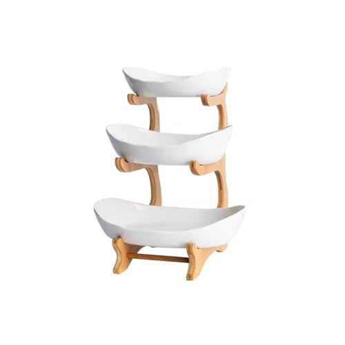3-Tier Ceramic Fruit Bowl With Stand – Bamboo Countertop Large White Trays | Space-Saving Tiered Fruit Holder for Kitchen & Home Décor | Compact 15×35cm Design with Modern Aesthetic