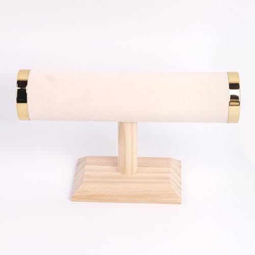 Jewelry Display T-Bar Stand – 9 inch Beige Textured Velvet Bracelet Holder with Gold Metal Ends, 1-Tier Jewelry Organizer with Natural Pine Base, Bangle & Watch Display for Retail & Vanity - color: Beige Textured Velvet