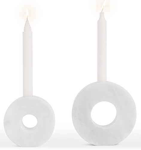Marble Candle Holder Set of 2 White Taper Candles Holder for Table Decorations, Living Room & Home Decor, Candlestick Holders for Pillar Candles Sticks, Centerpieces & Gifts - color: White