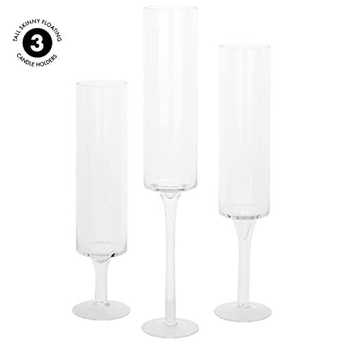 Koyal Wholesale Tall Skinny Floating Candle Holders, Modern Raised Slim Glass Hurricane Pedestal Candles Holder for Weddings, Centerpieces, Home Decor, Parties (Set of 3)