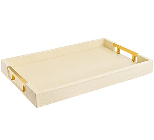 Modern Elegant 17.5”x12” Rectangle Cream Rectangle Shagreen Faux Leather Decorative Tray Ottoman Tray Coffee Table Perfume Living Room Kitchen Serving Tray with Gold Polished Metal Handles. - color: Cream/Gold