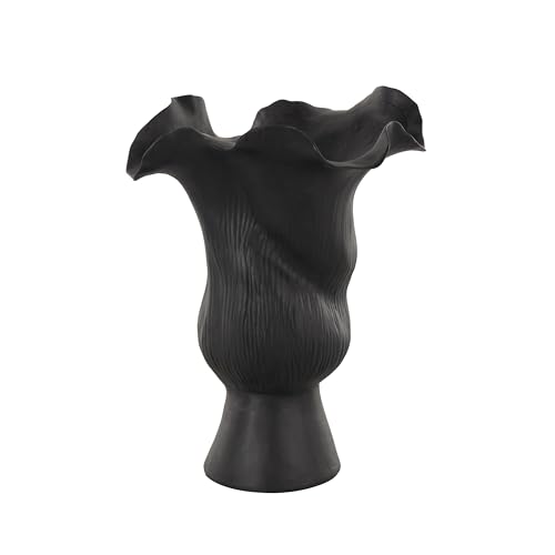 Deco 79 Ceramic Abstract Floral Inspired Vase with Wavy Folded Rim and Linear Grooves, 8" x 7" x 11", Black - color: Black, size: 8" x 7" x 11"